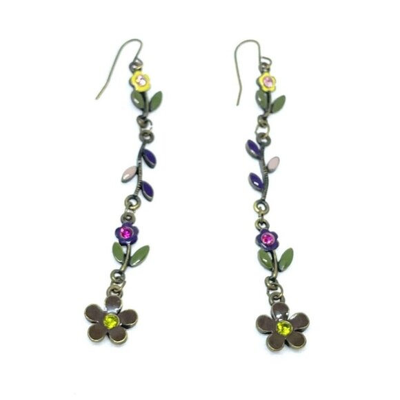 Multicolor Rhinestone Enamel Leaf Floral Dangle Drop Earrings Green - Picture 1 of 5